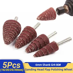 6mm 생크 그릿 80 # 사포 그라인딩 샌딩 헤드 플랩 연마 휠 디스크, 맨드릴 로타리 미니 드릴 도구, 5 개