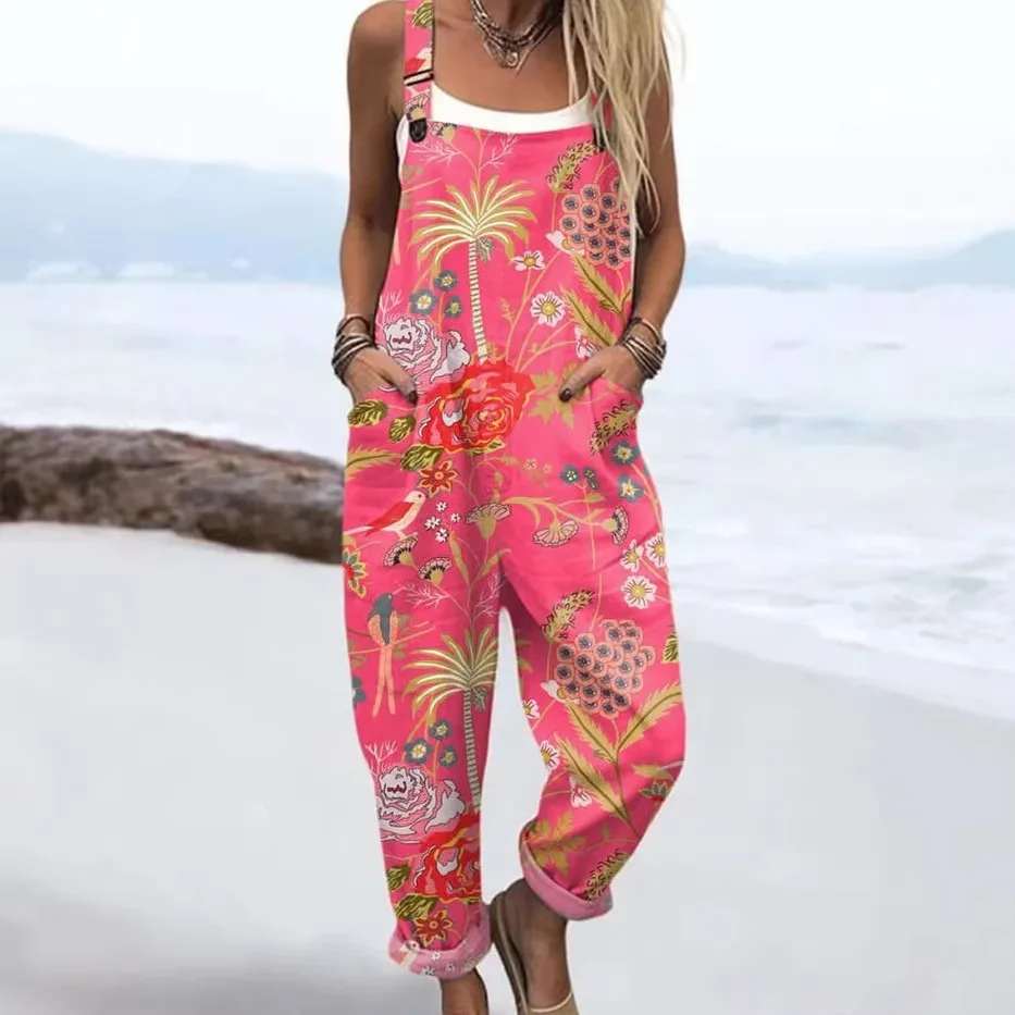 

2026 New Women's Ethnic Style 3D Digital Print Overalls Loose Fit One Piece Jumpsuits Casual Wide Leg Suspender Trousers Ladies