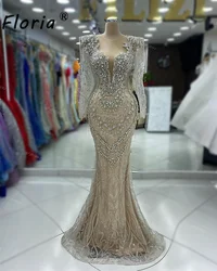 Luxo Crystal Beaded Dubai Evening Dress Champagne Lace Long Sleeve Formal Occasion Gowns Prom Dresses vestido de noche elegante