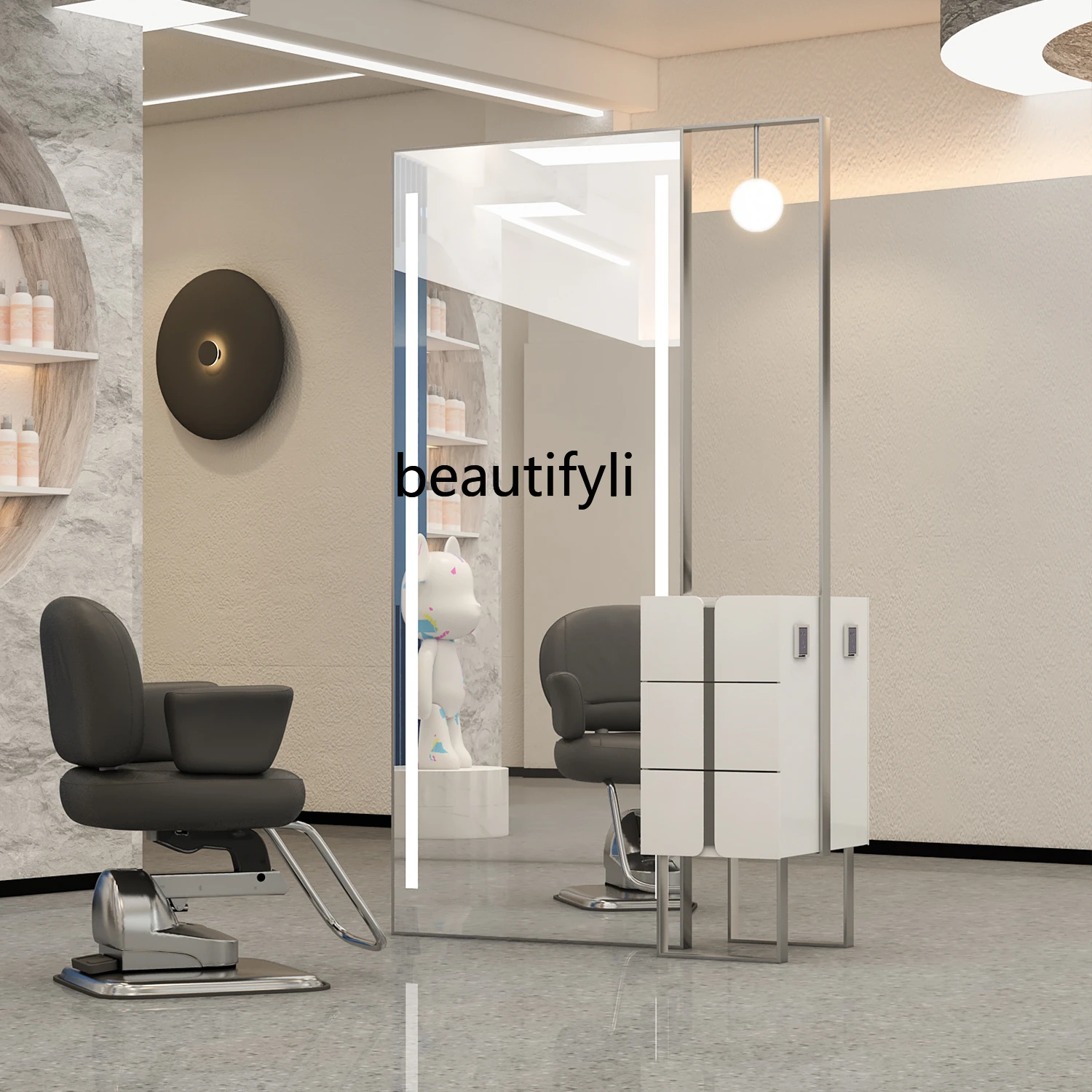 Barber Shop Single Double-Sided Mirror for Hair Salon Floor Mirror with Lamp with Cabinet Hair Cutting Mirror