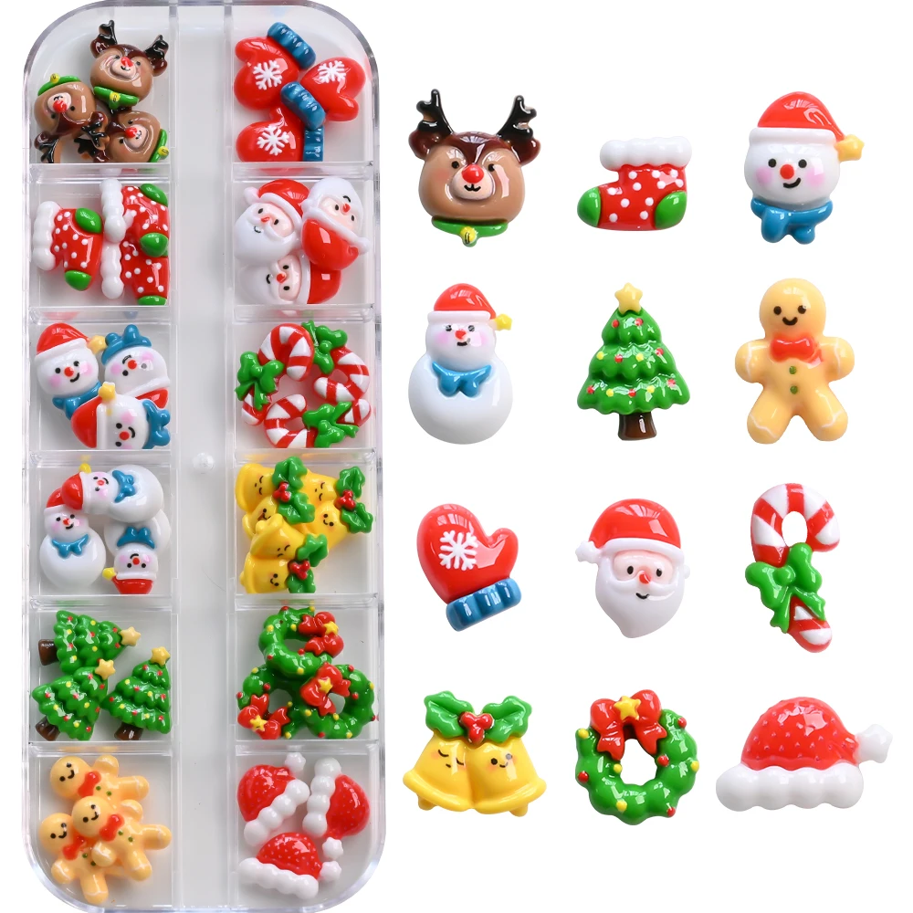 12 grades 3d papai noel rena sino natal prego strass 30/36/50 pçs resina boneco de neve meia encantos do prego inverno decoração do prego