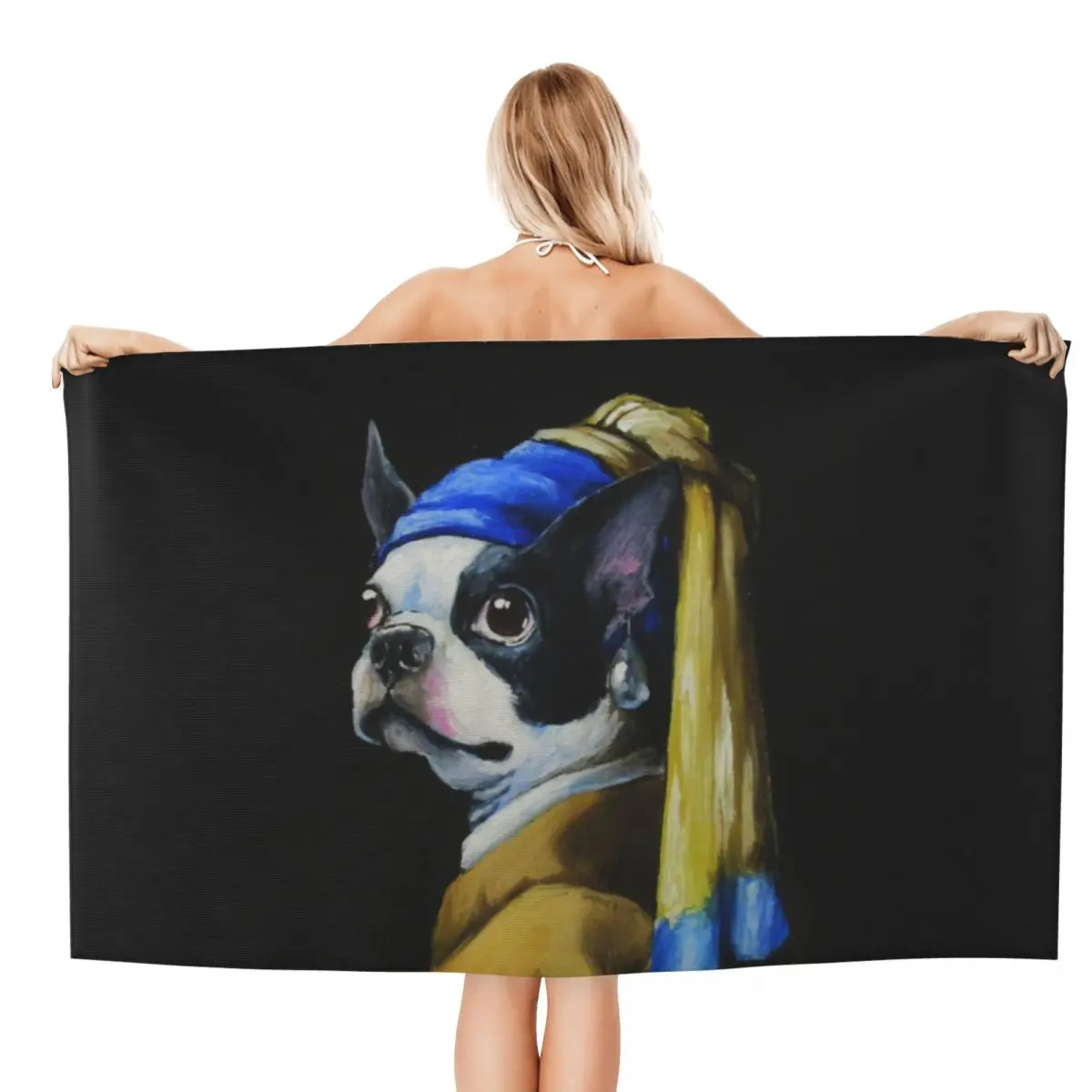 Custom With A Pearl Earring Beach Towel Quick Dry Cartoon Boston Terrier Dog Soft Linen Microfiber Shower Sauna Towels