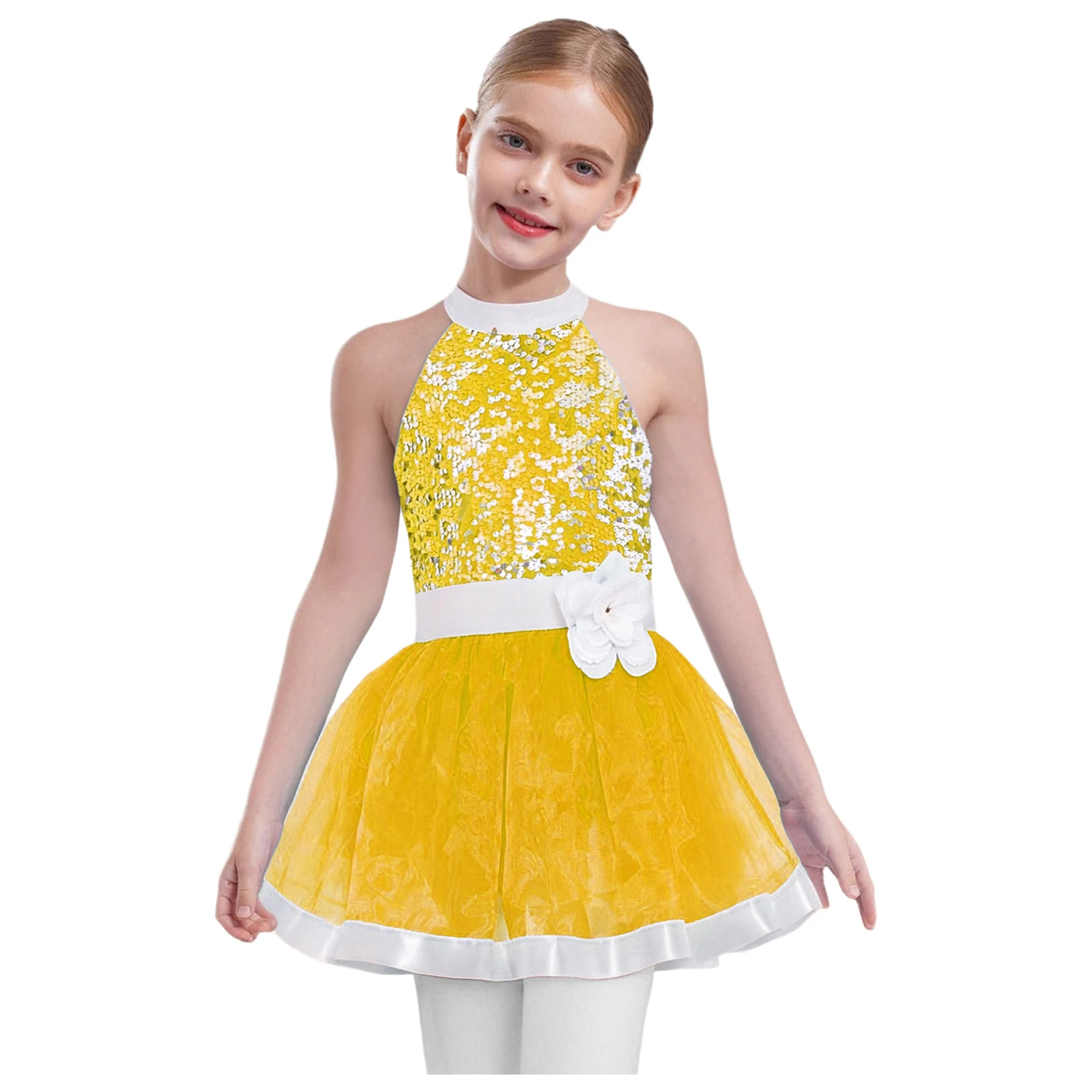 Girls Shiny Sequins Ballet Tutu Leotard Sleeveless Layered Tulle Princess Dress Figure Skating Dance Pageant Party Stage Costume