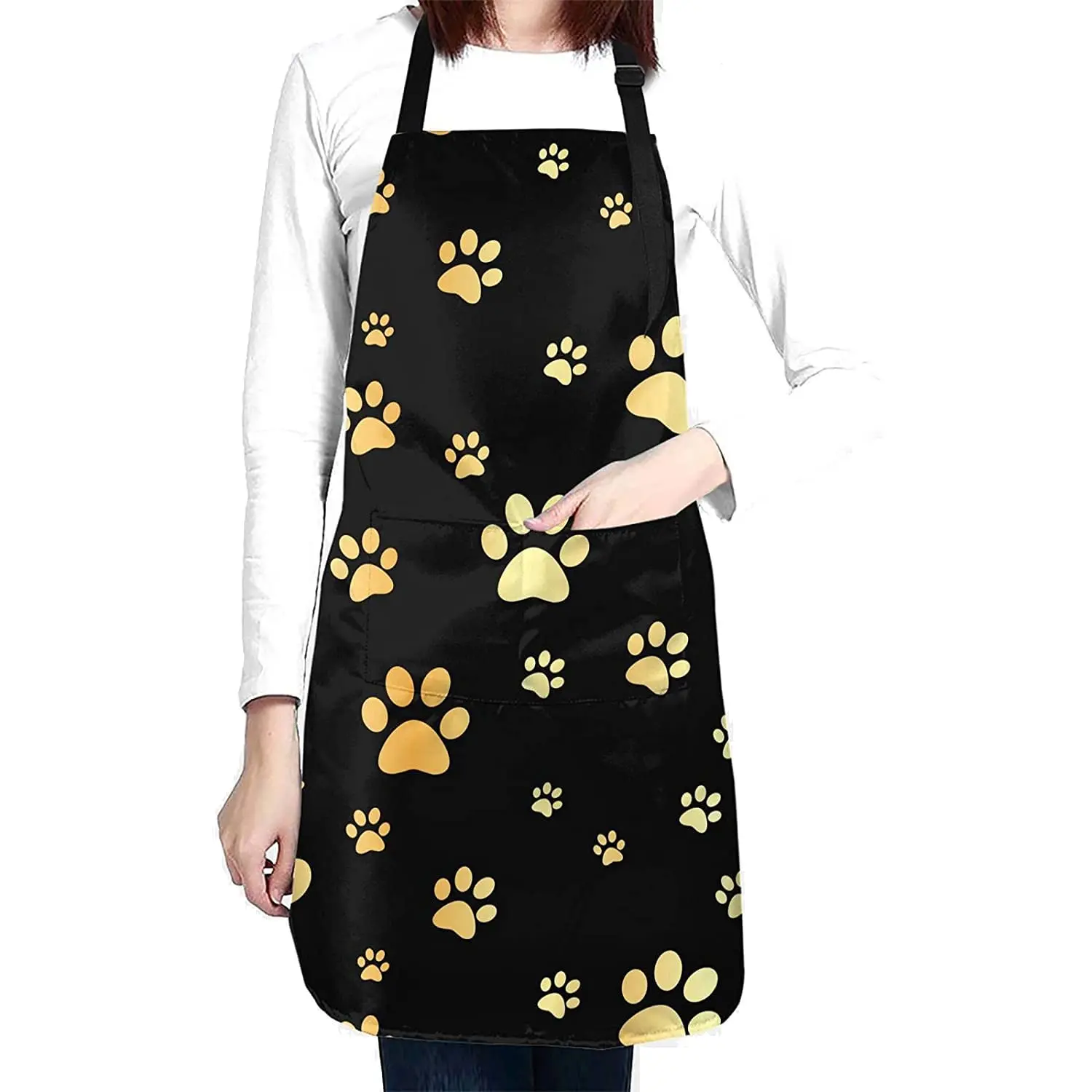 

Golden Dogs Paws Waterproof Apron with 2 Pockets Cute Pet Animal Footprints Kitchen Chef Aprons Bibs for Grooming Cooking