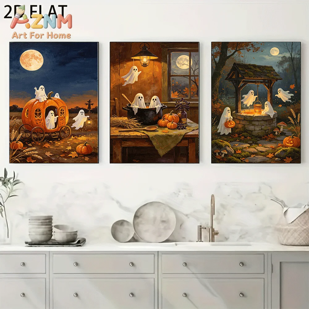 AZNM Frameless Canvas Wall Art, Vintage Halloween Print, Cute Ghost Pumpkin Carriage Moon Night Wishing Well Art Poster for Livi