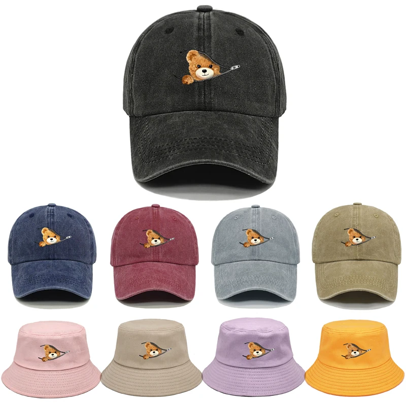 Zipper Bear Cap Baseball caps Unisex Embroidery Animal Water Washed Sports Fishing Dad Hat Summer Sunshade Fisherman hat
