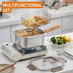 Deep Fryer Pot Stainless Steel Frying Pan Oil Saving Square Deep Frying Pan with Basket and Handle Versatile Deep Fryer with Lid