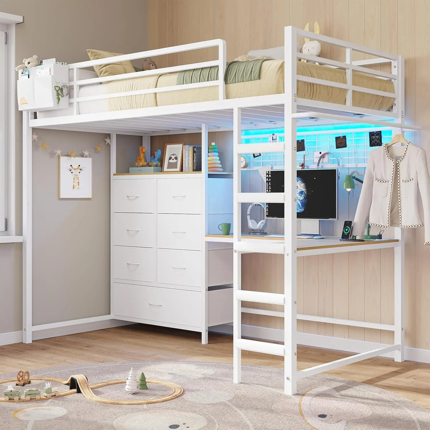 Twin Size Loft Bed with L-Shaped Desk and 7 Storage Drawers,Metal Twin Loft Bed for Kids with LED Lights and, Customized