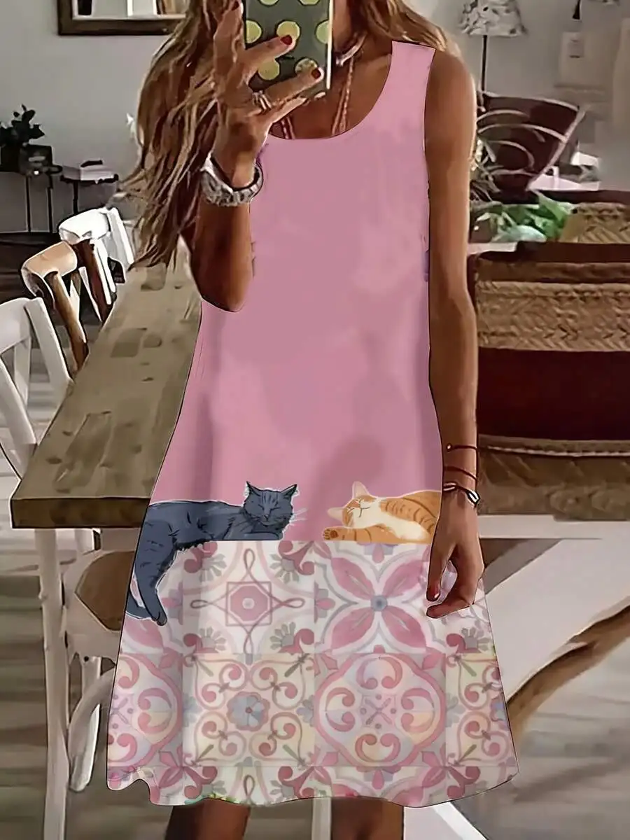 

Women Sleeveless Dress With Cat And Floral Pattern Print Summer Casual Dress