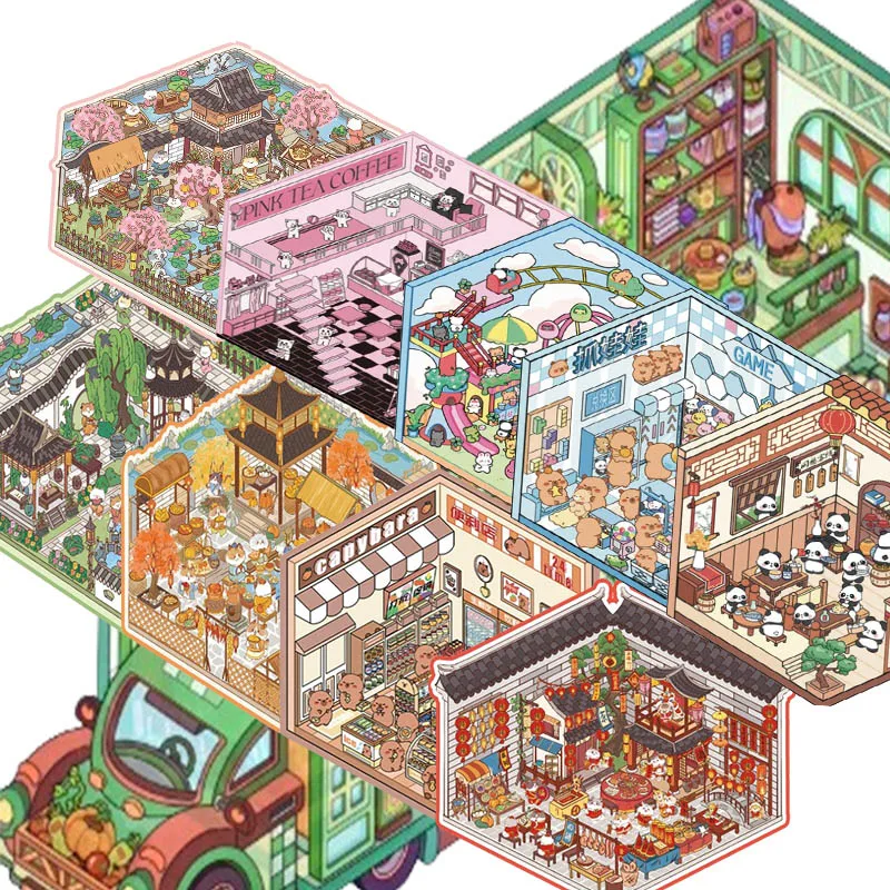 

3D PET Miniature World Playing House Children Decompress Stickers Kawaii DIY Landscape Visual Stacking 3D Cabin New Year Gifts