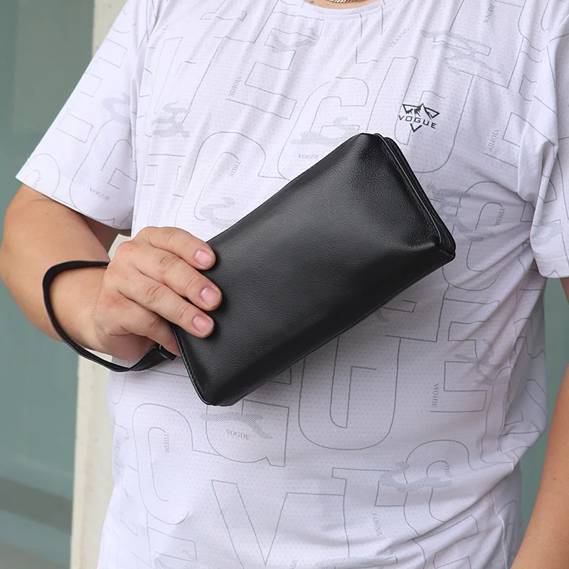 Leather handbag for men - stylish genuine cowhide leather handbag - long style wallet - casual mobile phone bag