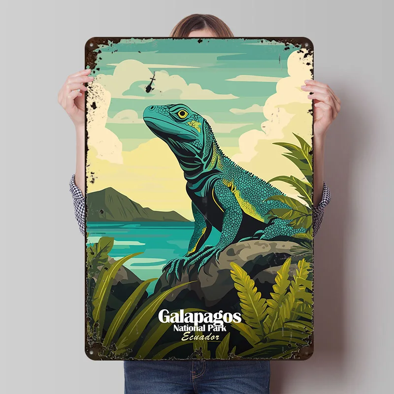 Galapagos Iguana Metallposter, individuelle Wandkunst, Retro-Vintage-Blechschilder für Heimdekoration, Gaming-Schreibtisch-Dekoration, Zimmer, Haus