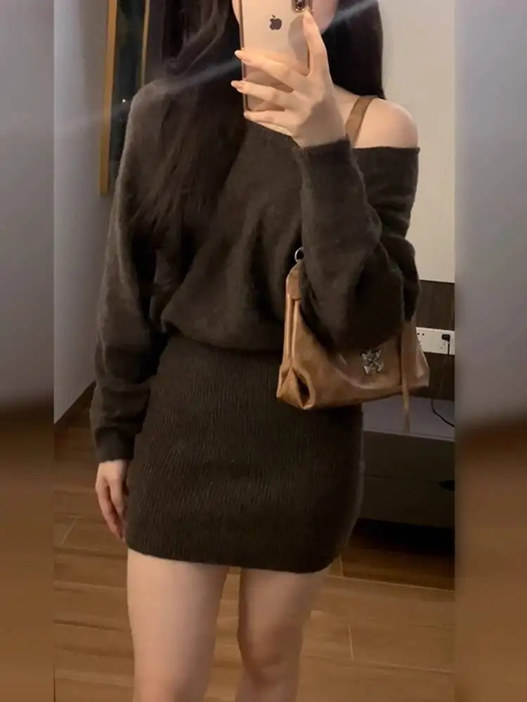 Women Knitting Dress With Belt 2025 Autumn New Women's Dress Off The Shoulder Long Sleeve Knit Slim Fit Bodycon Midi Dress