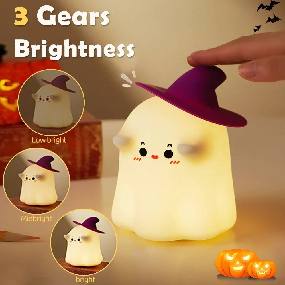 Funny Ghost LED Night Light Dimmable Rechargeable Nursery Nightlights Silicone Beside Touch Lamp for Kids Room Halloween Decor