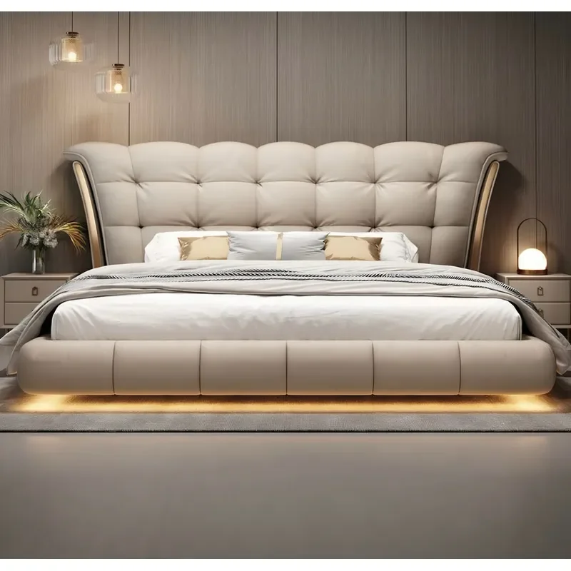 Italian Genuine Leather Modern Adjustable Bed Frame Floating Design LED Sensor Light Strip Full Size Upholstered Soft Bed for