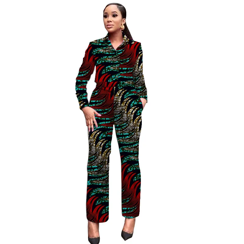 African Wax Print Women Outfits Turn Down Collar Shirts Patch Casual Pants Ankara Fashion Female Dashiki Wear