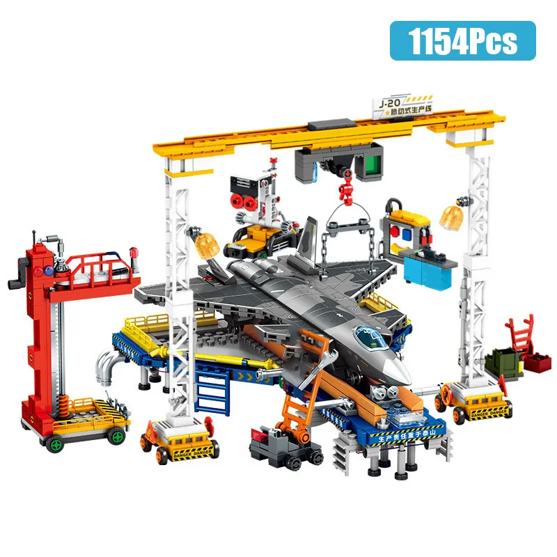 Military WW2 J20 Stealth Fighter Jet Production Line Building Blocks Technical Aircraft With Light MOC Bricks Toys Children Gift