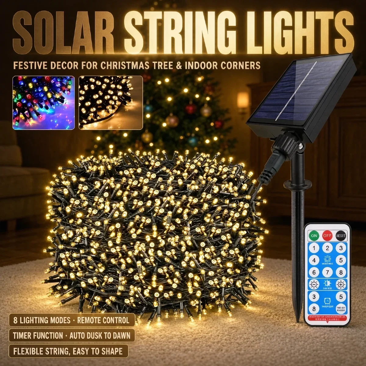 Outdoor Solar LED Fairy Light String Kit, Infrared Remote Dimmable 8 Modes, for Backyard Terrace, Shrubs, Xmas & Festival Night