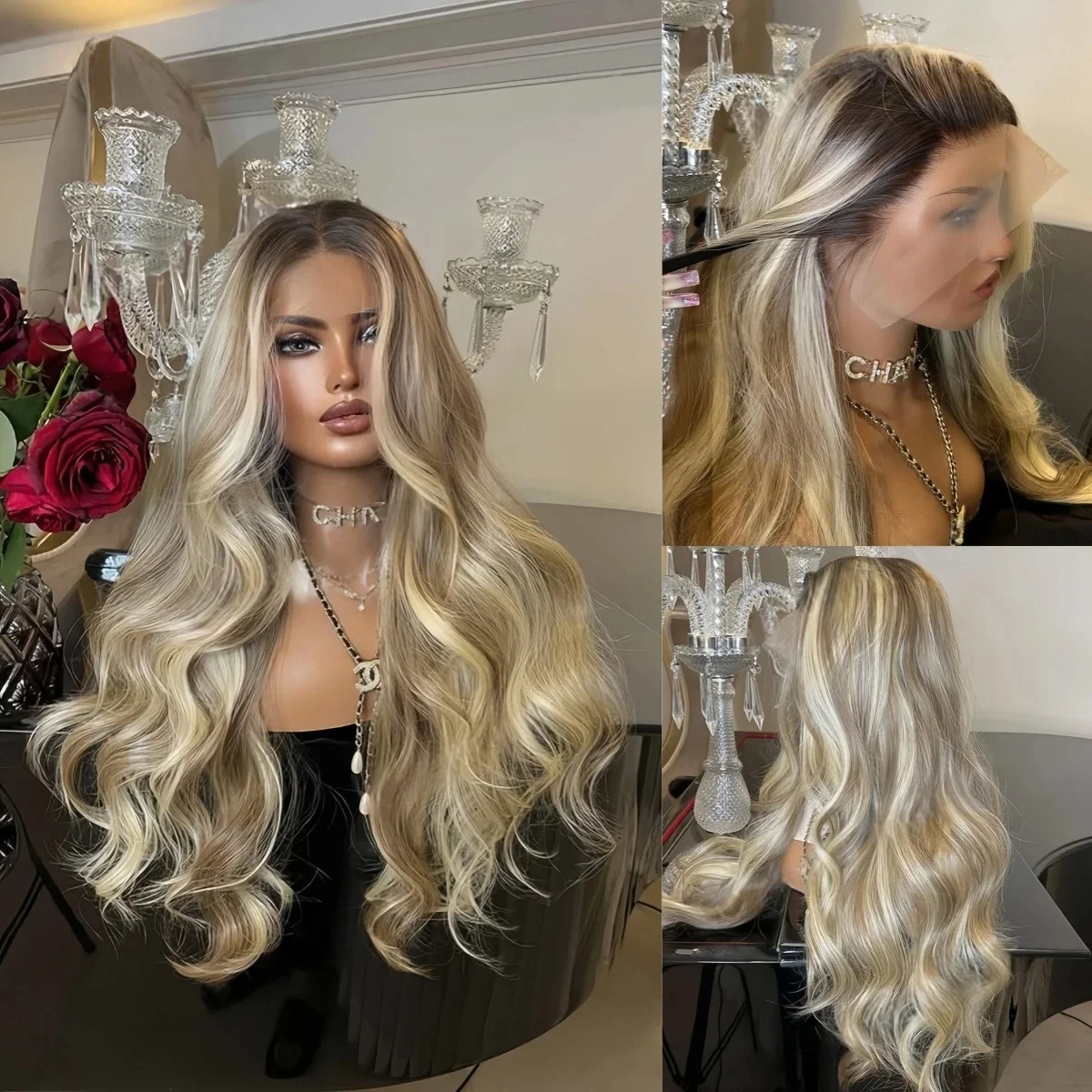 

Highlight Ombre Golden Ash Blonde Lace Front Wigs Body Wave Lace Frontal Wig 13x4 HD Heat Resistant Synthetic Fiber Hair Cosplay