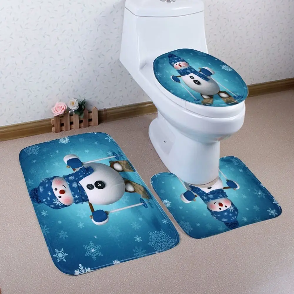 U-Shaped Design Bathroom Mat Set 3-Piece Set Non-Slip Backing Bath Mat Set Anti-Slip Surface Watercolor Print Toilet Cover Set