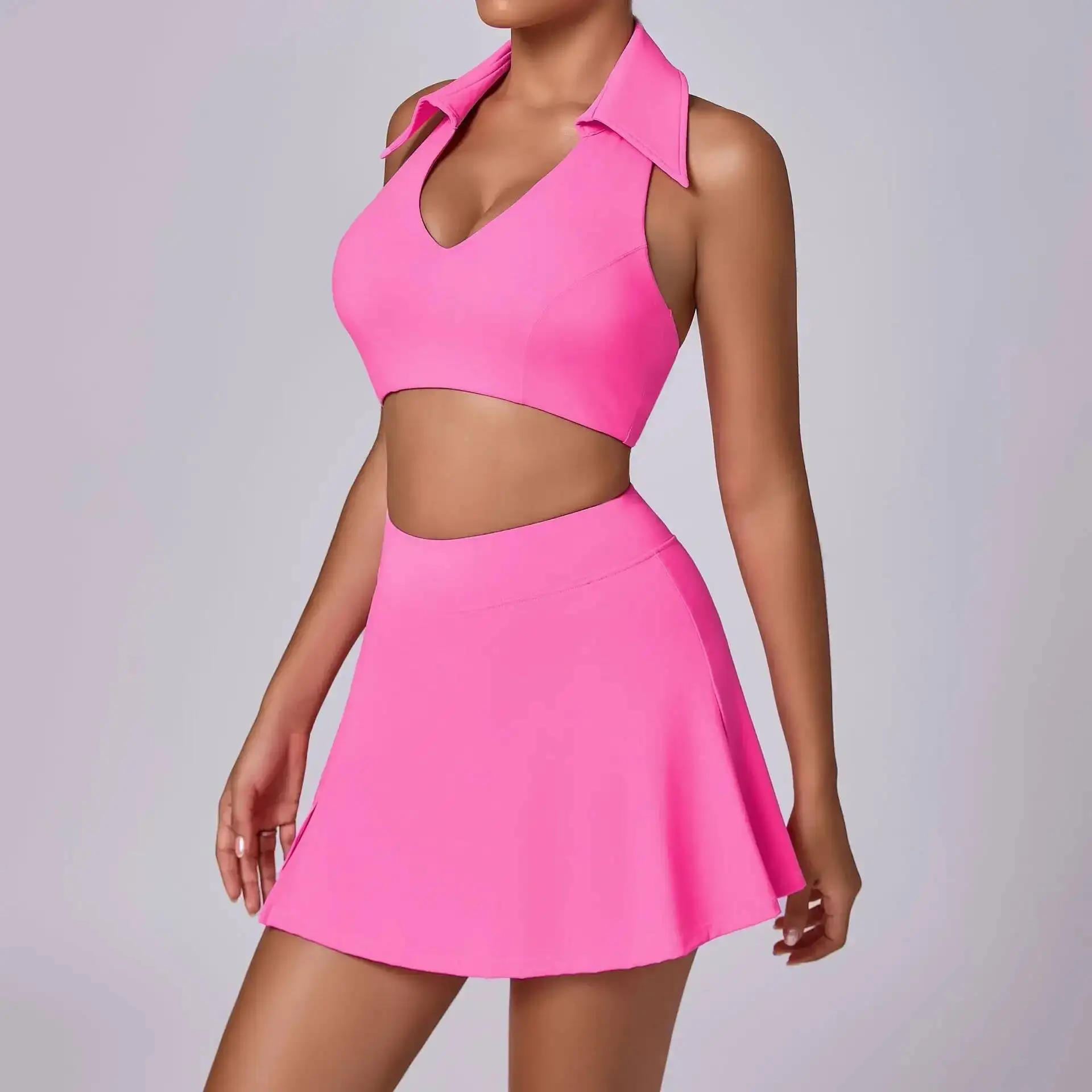 

Seamless Yoga Sports Fiess Tennis Outdoor Beauty Back Lapel Vest Running Skirt Suits Workout Gym Nude Golf Sets For Women