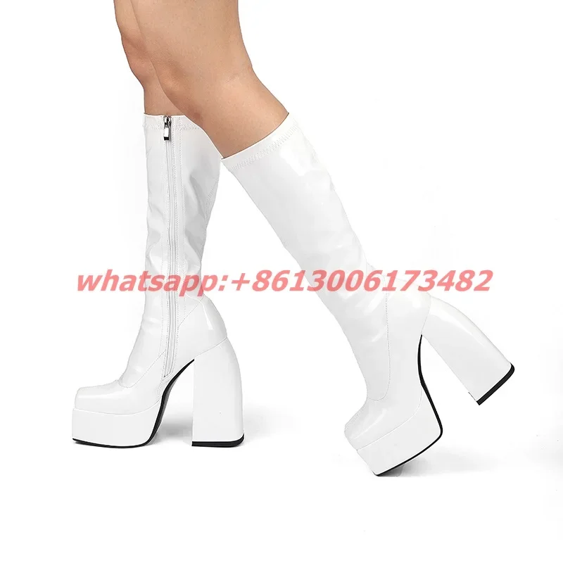 New Arrive Woman Square Toe High Platform Knee High Boots Chunky High Heel Platform Woman Square Toe Patent Leather Woman Boots