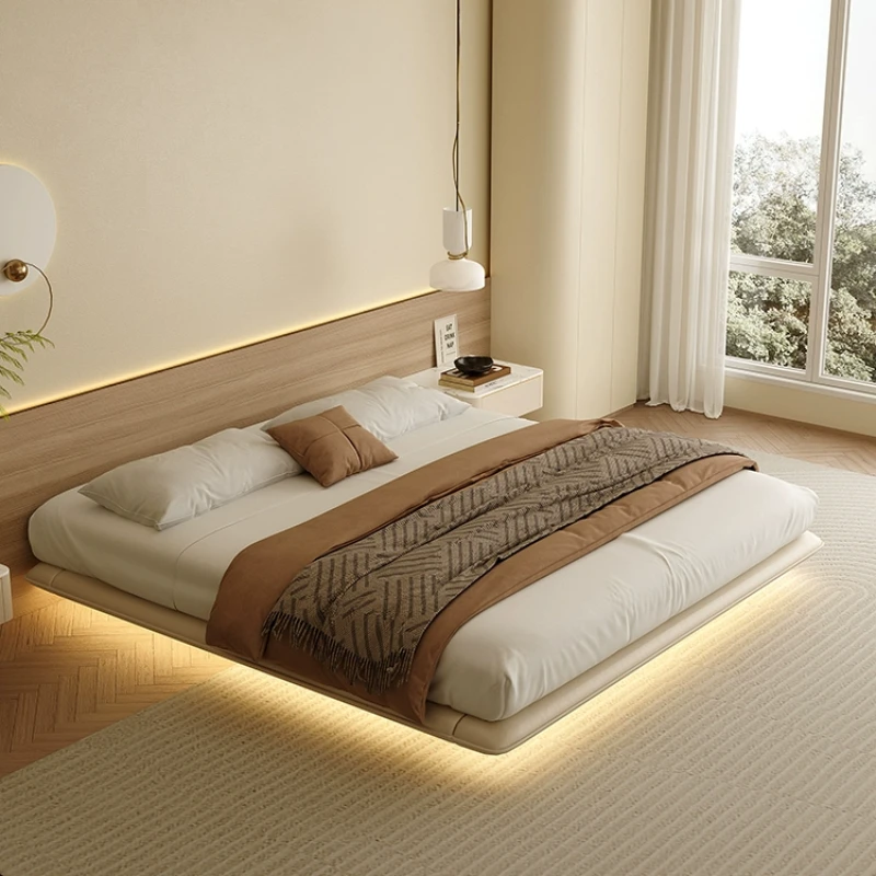 

modern simple bedroom double bed, wabi-sabi cream wind without bedside, bed minimalist small apartment, suspended leather bed