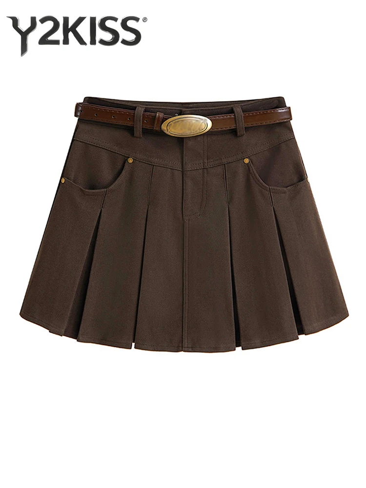 Women's A-line Mini Pleated Skirt Y2k Vintage Korean 2000s Aesthetic Maillard Woolen Preppy Skirt Harajuku Japanese Shoujo New
