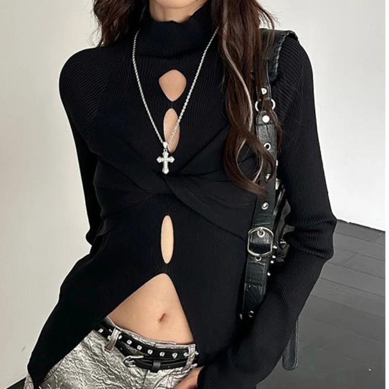 

Deeptown Y2k Black Cropped Women Knit Sweater Hollow Out Half High Collar Pullovers Korean Fashion Slim Autumn Vintage Gyaru