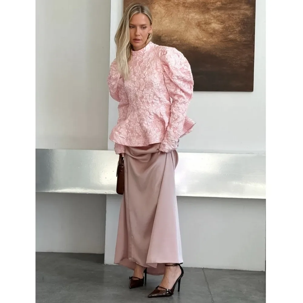 Emboss Jacquard Peplum Blouse Puff Sleeve High Neck Puff Sleeve Top Peplum Hem Fitted Waist Jacquard Blouse Evening Party