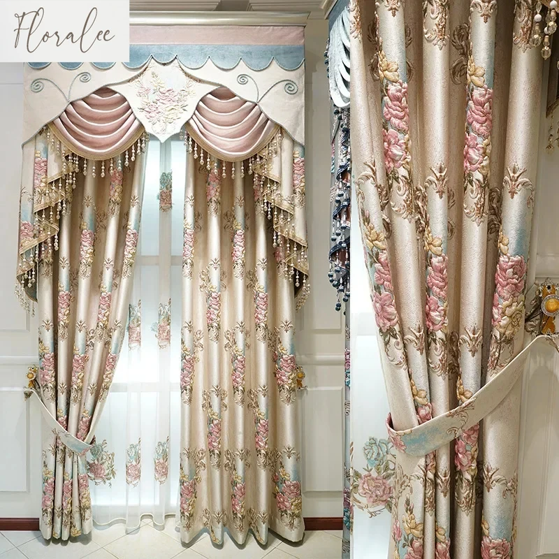 

European Style Luxury Embroidered 3D Floral Curtains for Living Room Bedroom Pink Tulle Window Drapes High Precision Custom