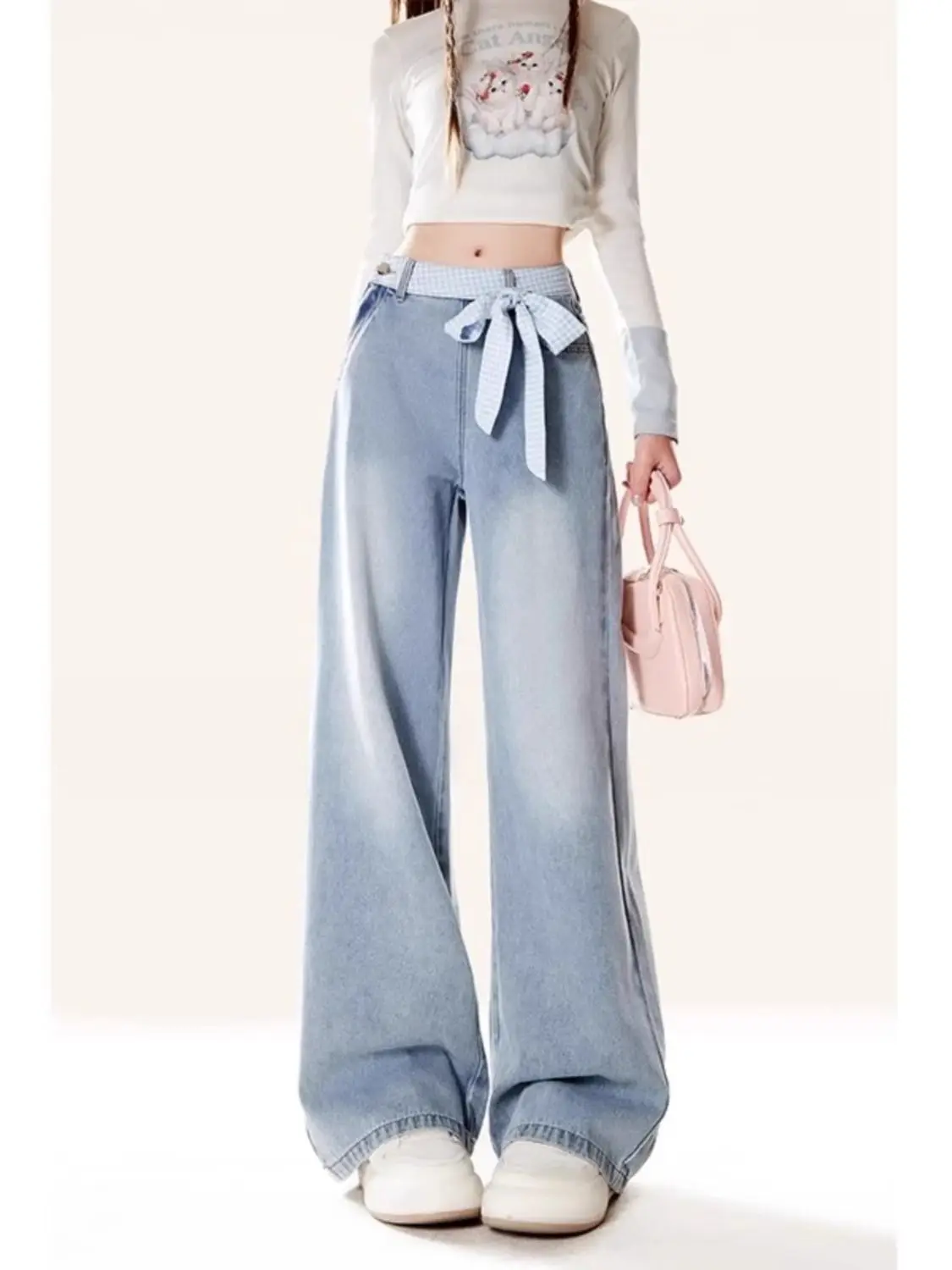 

Japan Side Zipper Blue Bow Strap Jeans For Women Spring And Autumn New High-Waisted Slimming Wide-Leg Floor-Length Pants