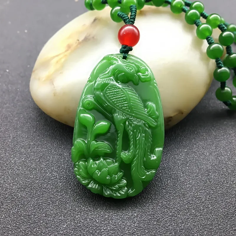 

Carved Peacock Jade Pendant Natural Chinese Green Beads Necklace Charm Jadeite Jewellery Fashion Lucky Man Woman Amulet Gifts