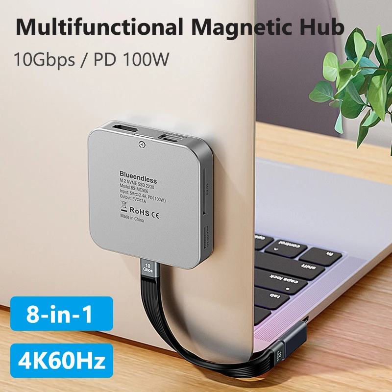 8 In 1 M.2 NVME SSD Multiport Adapter Docking Station Magnetic USB C Hub 10Gbps 100W PD 4K 60HZ for Android Macbook iPhone 16/15