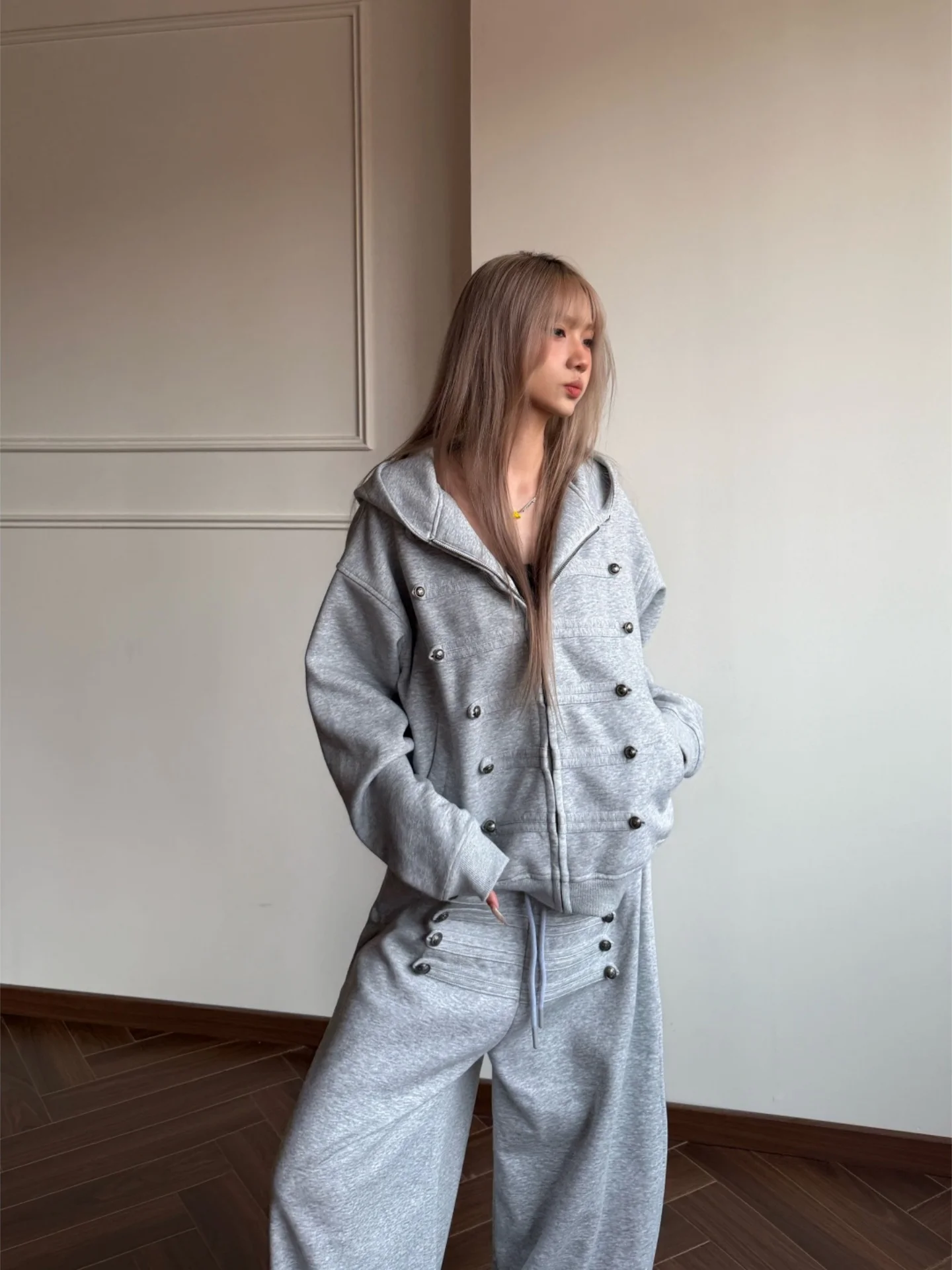 Retro Court Style Grey Hoodie Unisex Spring Autumn Loose Casual Zipper Sweatshirt American Style Jacket for Teenagers