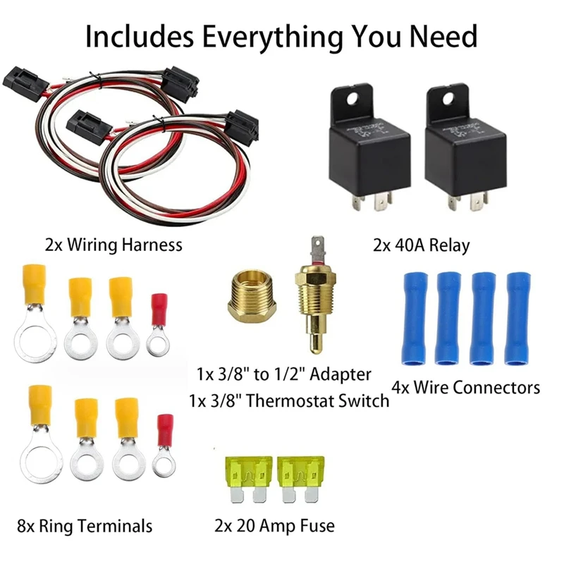 Dual Electric Fan Relay Kit 40 AMP Automotive Relay Thermostat Switch Kit For Temperature Sensor Switch 185 On 175 Off