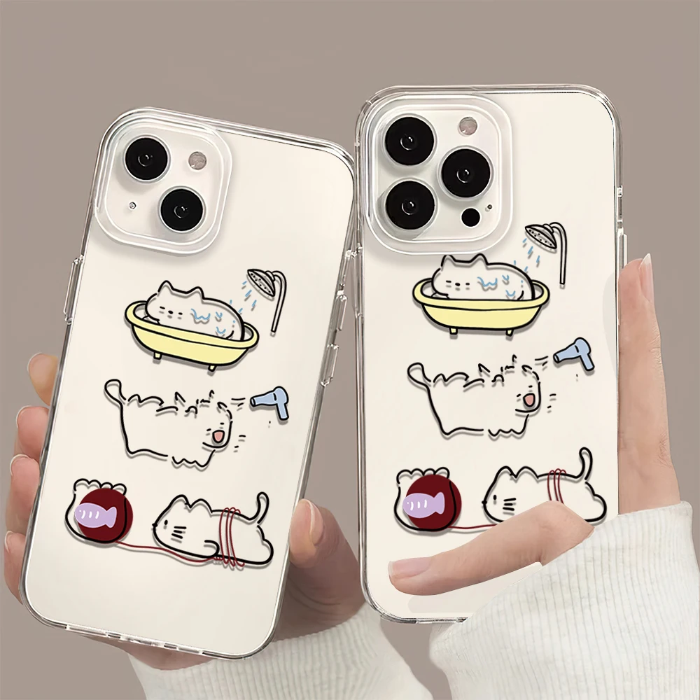 Abstract Cute Bathing Cat Cartoon Lover Phone Case For iPhone 11 13 16 15 14 12 Pro Max Plus Clear Transparent Soft Shell