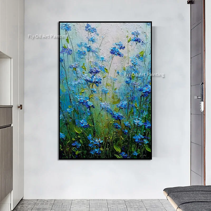 Original Hand‑Made Thick‑Texture Canvas Artwork, Vibrant Blue Flower Nature Painting, Contemporary Floral Wall Hanging