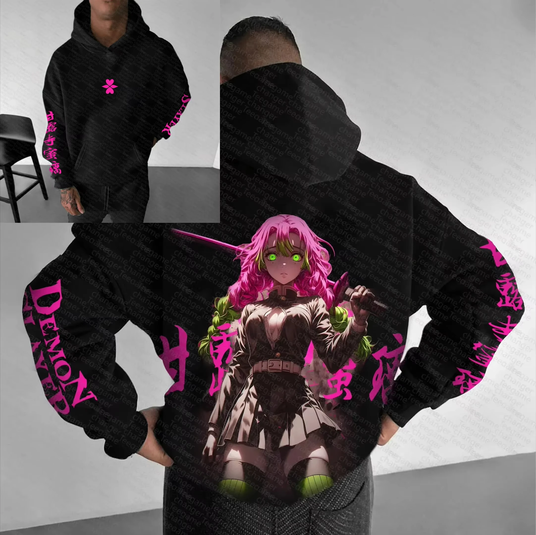 شيطان القاتل أنيمي مزدوجة الوجهين مطبوعة هوديي 2025 الرجال الخريف/الشتاء جديد اليابانية Harajuku نمط تنوعا بلوزة فضفاضة غير رسمية