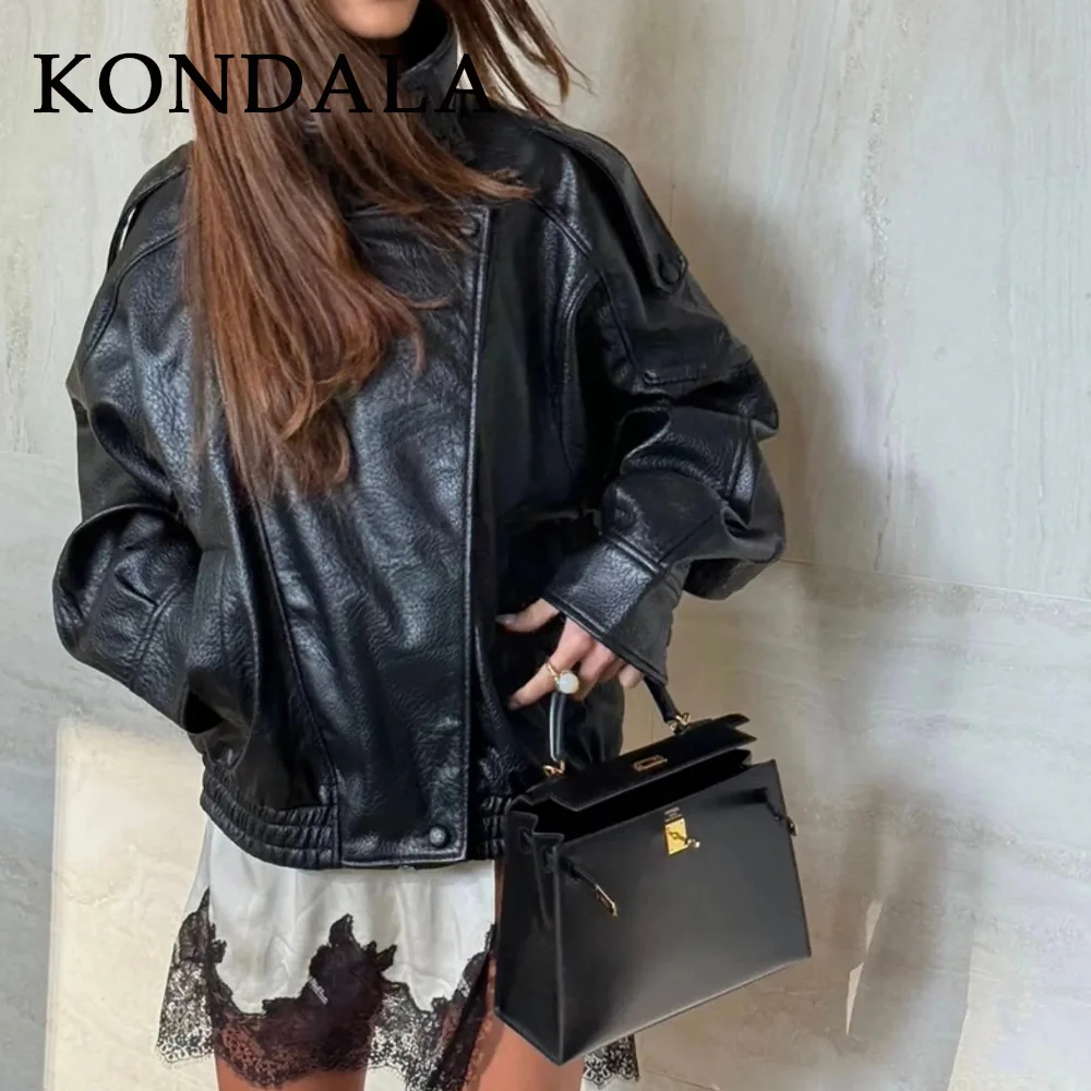 KONDALA 2026 Spring Autumn Faux Leather Women Vintage Coats Fashion Streetwear Zipper Turndown Collar Christmas Ladies Leathers