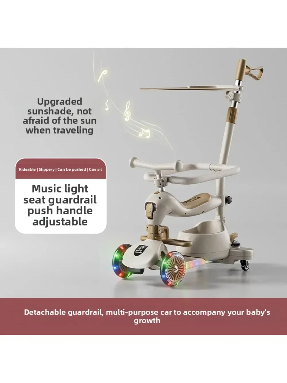 Roller für Kinder, Folding, 3-Rad-Skateboard, Tricycle, Baby, tragbar, Kinderwagen, Hoverboard, spielt, Musik, Balance, Multimodal