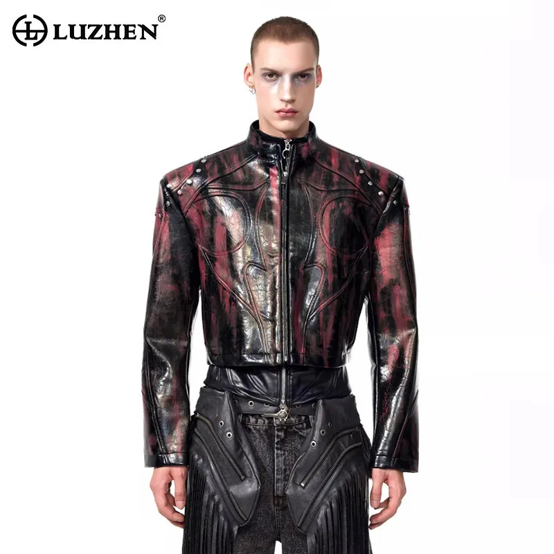 

LUZHEN 2025, осенняя новинка, оригинальная кожаная короткая куртка в винтажном стиле с воротником-стойкой, мужская стильная металлическая одежда с заклепками JY5151