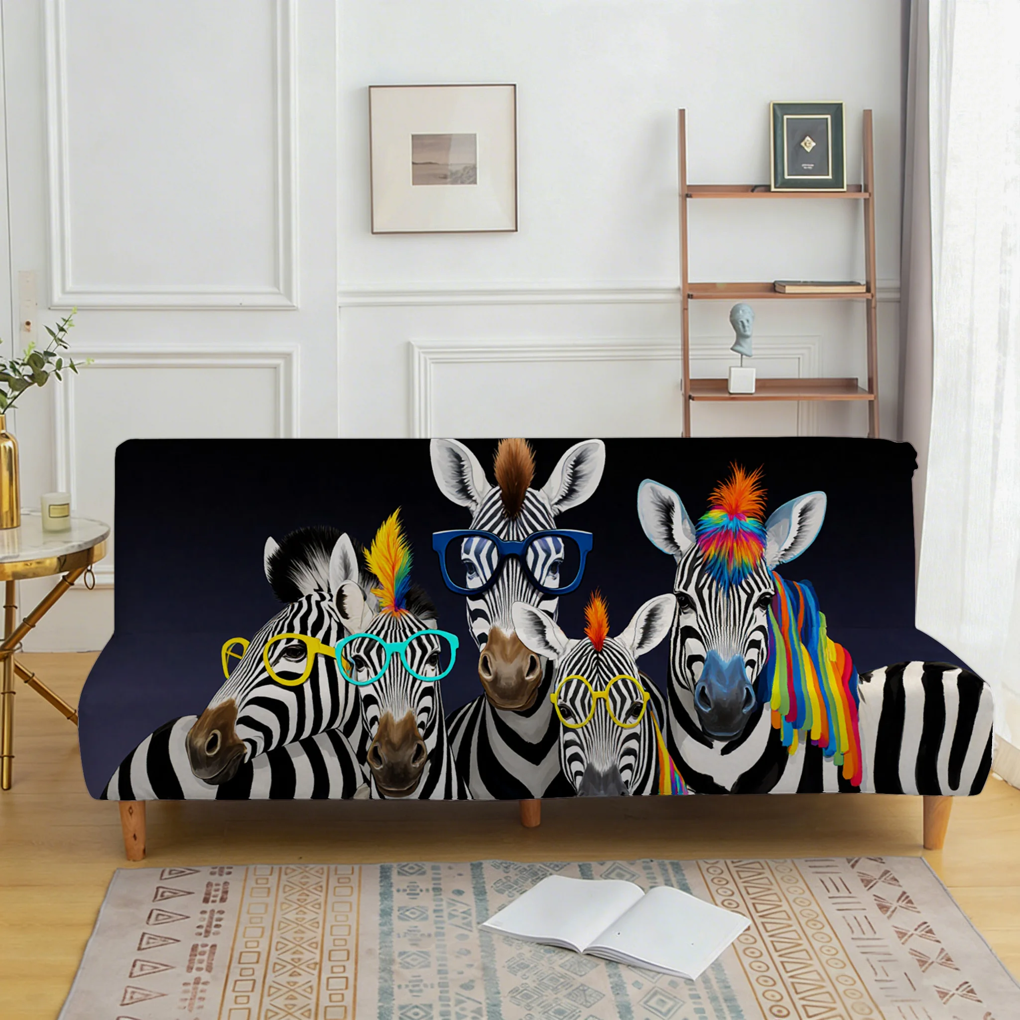 Creative glasses zebra printed sofa bed cover, living room sofa bed cover, dustproof machine washable sofa bed cover