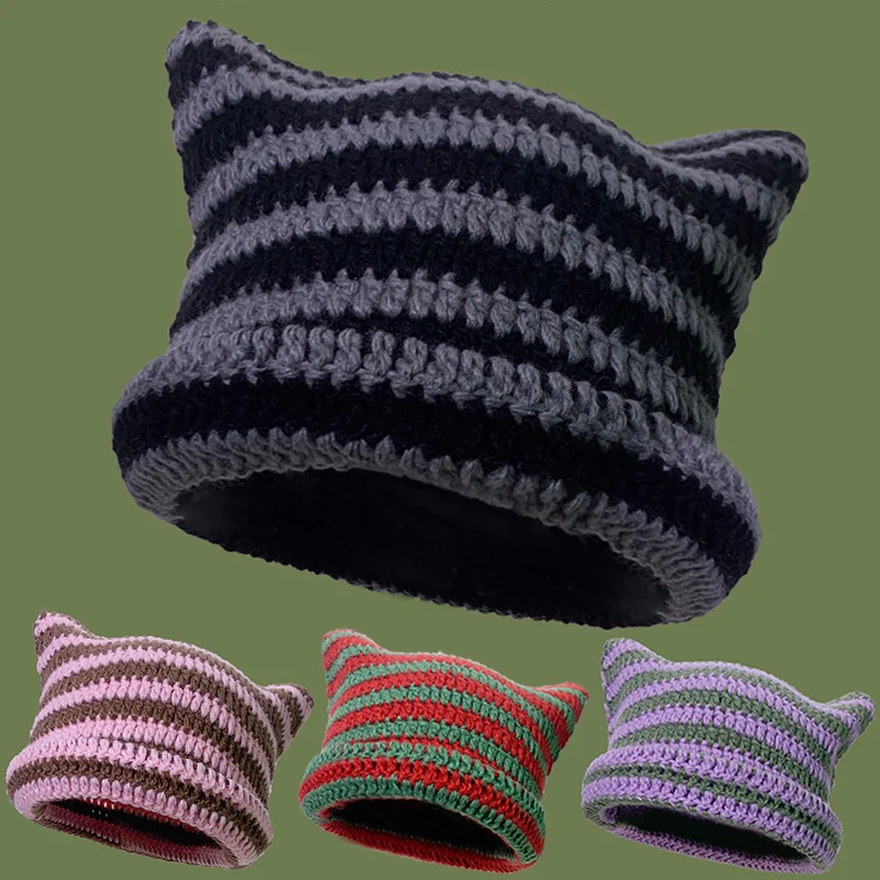 

Y2K Japanese Beanie Hat Ins Little Devil Striped Knitted Wool Cap Autumn and Winter Cute Cat Ears Pointed Pullover Women's Hats