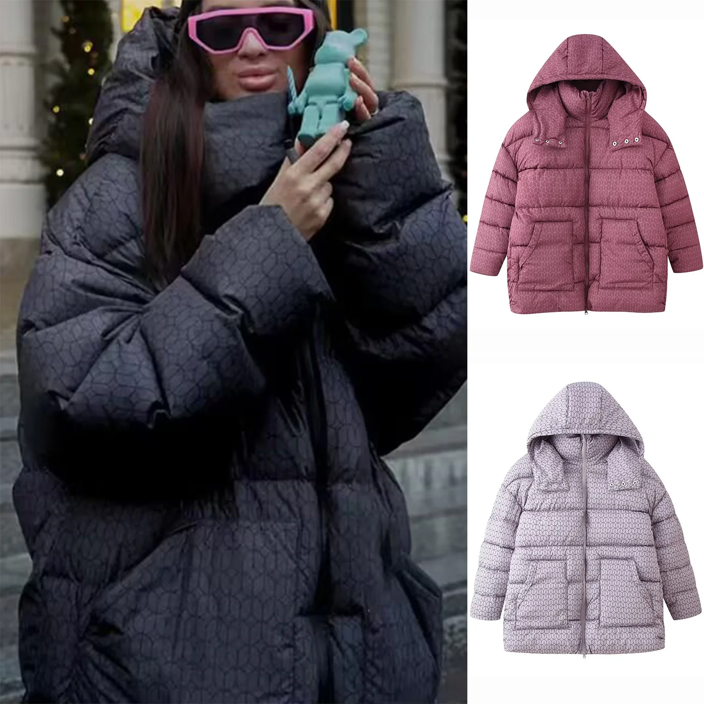 冬の新作 レディース カジュアル ロング丈 ジップアップ フード付き プリント コットン ジャケット コート ストレートカット 通勤 スタイリッシュ ミドル丈