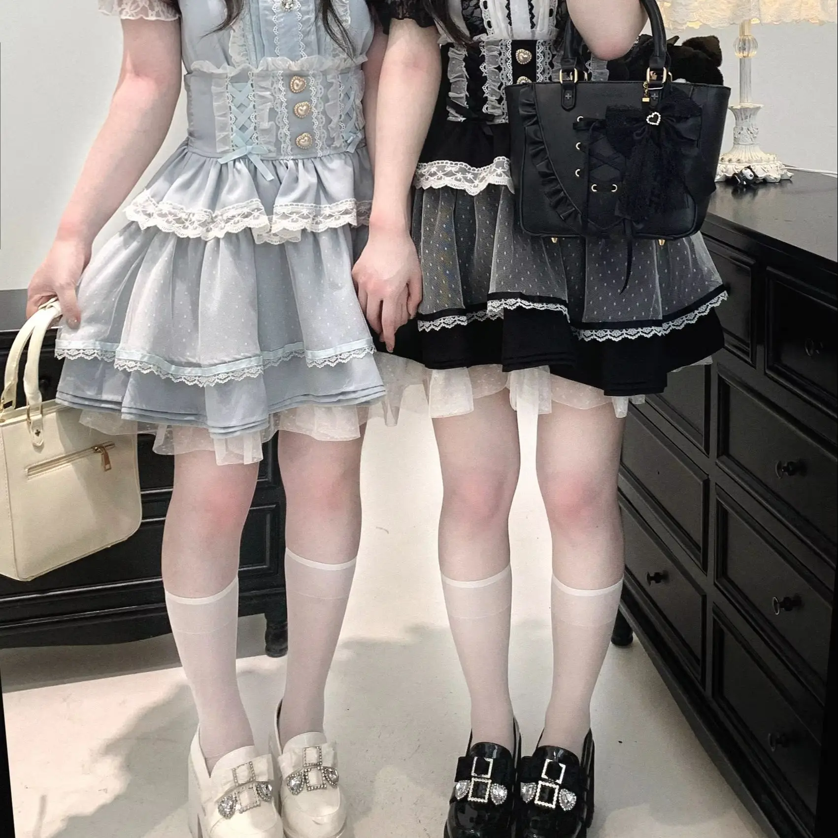 

Original Japanese Wind Love Button Lace-up High Waist Short A-line Skirt Cute Lolita Bottoms Sweet Princess Mesh Puffy Skirts