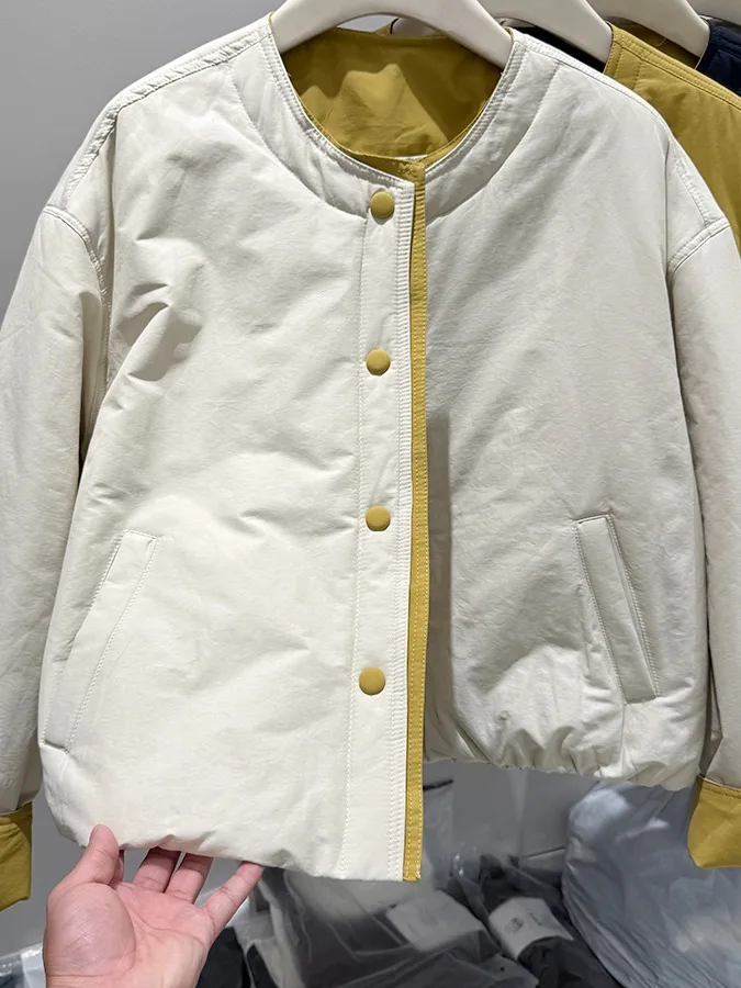 Authentic Korean Style Long Sleeve Thickened Cotton Jacket Winter New Arrival Collision Color Ladies Commute Cotton Coat