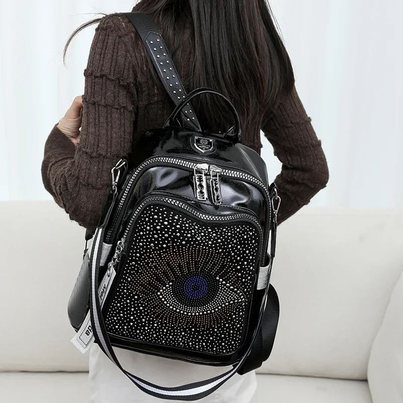 Women's Waterproof Backpack Fashion PU Travel Backpack Rhinestone School Bag Mochila Para Viaje 백팩 Sac A Dos 여성가방
