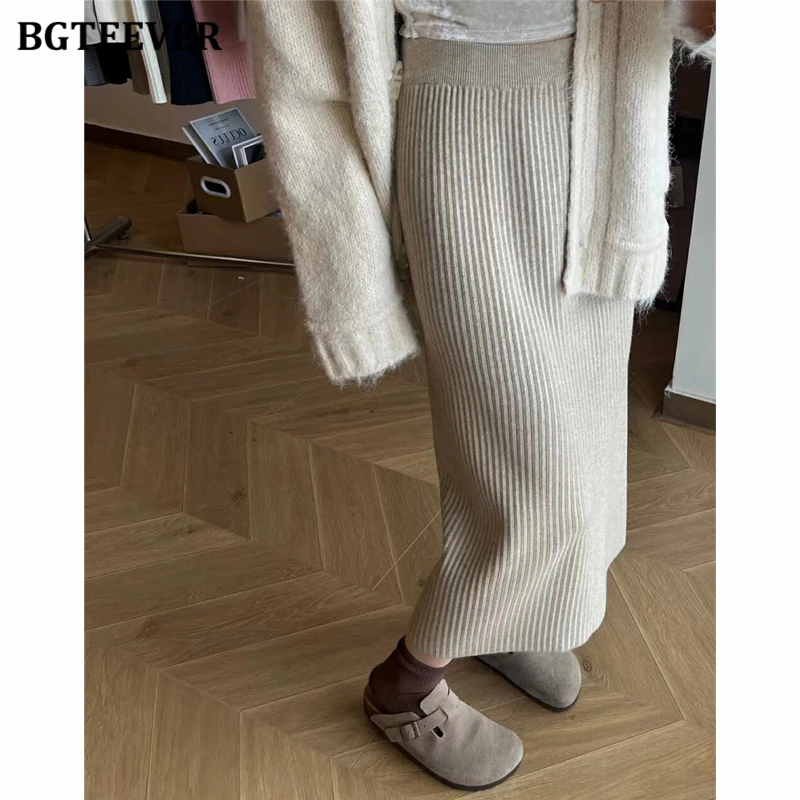 BGTEEVER Autumn Winter Slim Women Knitted Skirts Stylish Elastic Waist Bodycon Sweater Skirts Female