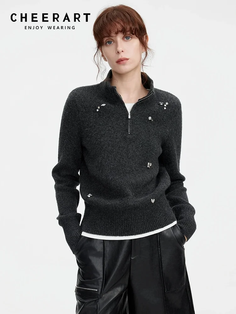 

CHEERART Diamonds, водолазка на молнии, свитер, женский осенне-зимний джемпер, пуловеры, топ с длинными рукавами, трикотаж, осенняя мода 2025